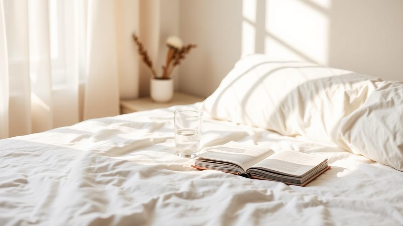 Sunlit bed with a glass of water and an open book, a calm morning routine