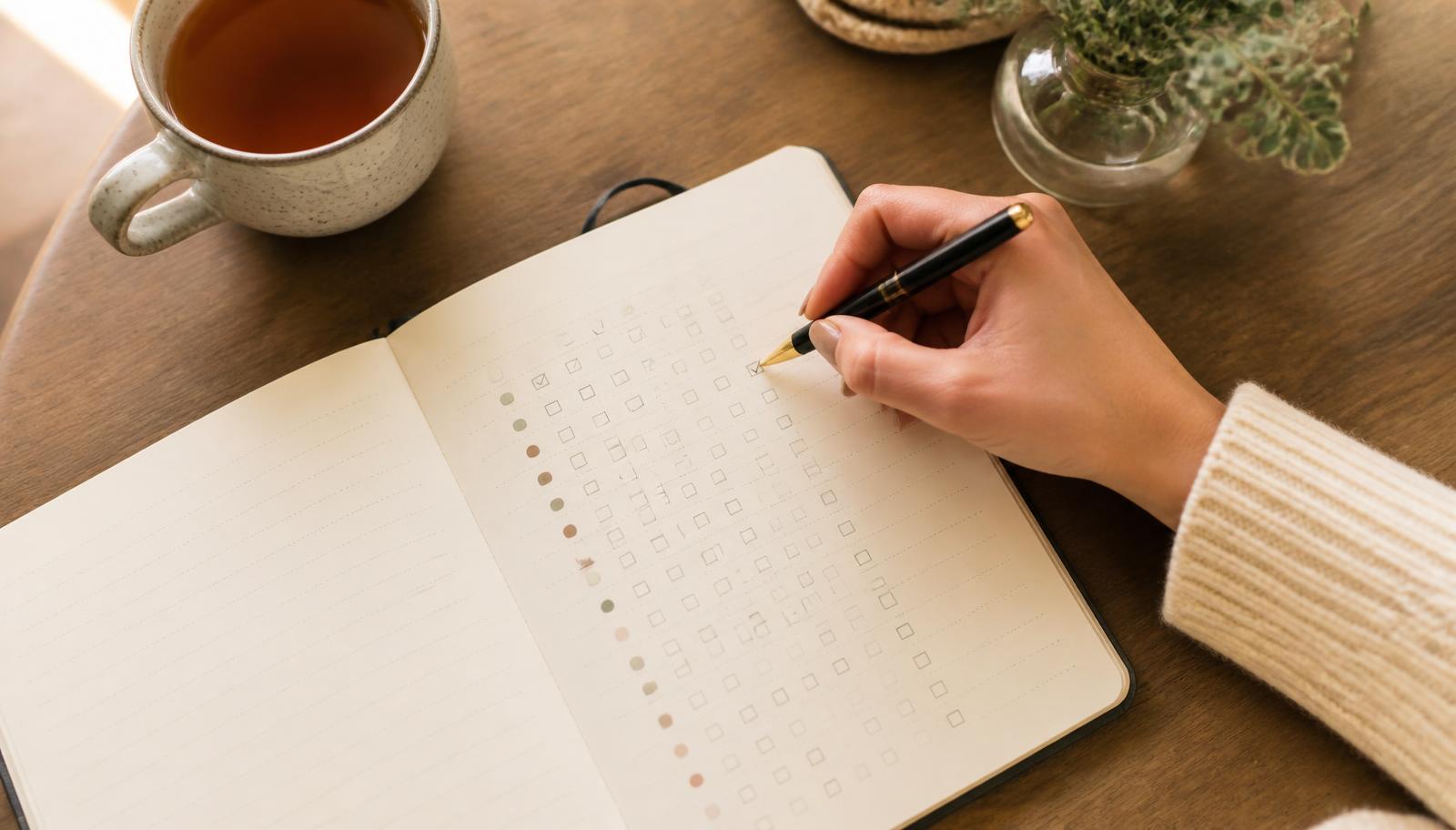 Hands marking a small habit tracker in a notebook on a wooden table