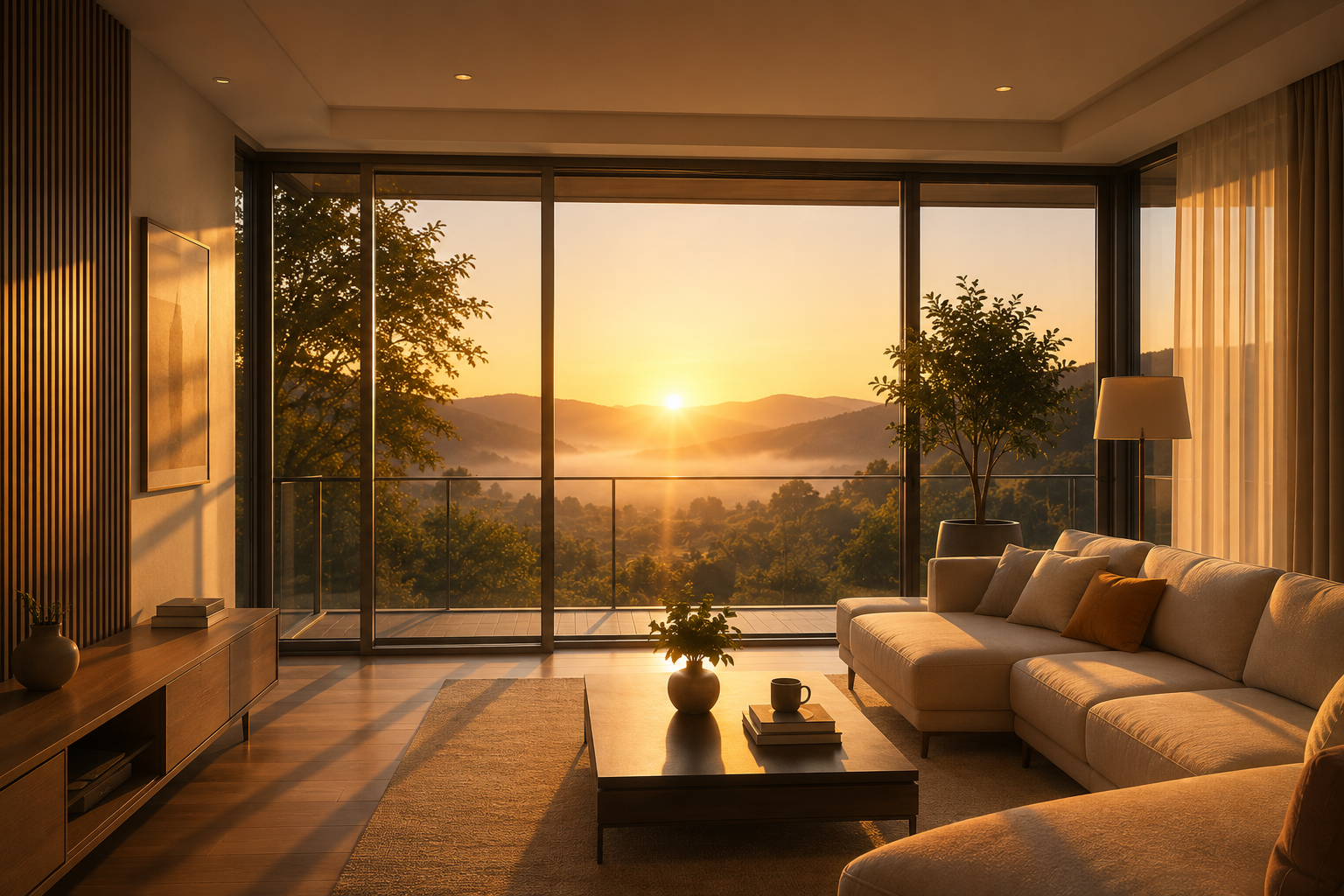 Peaceful sunrise through a modern home