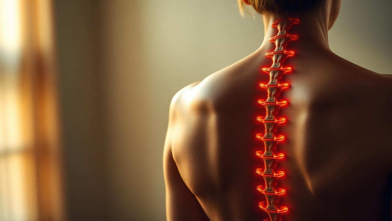 Close-up of a person's back with the spinal column highlighted in warm light