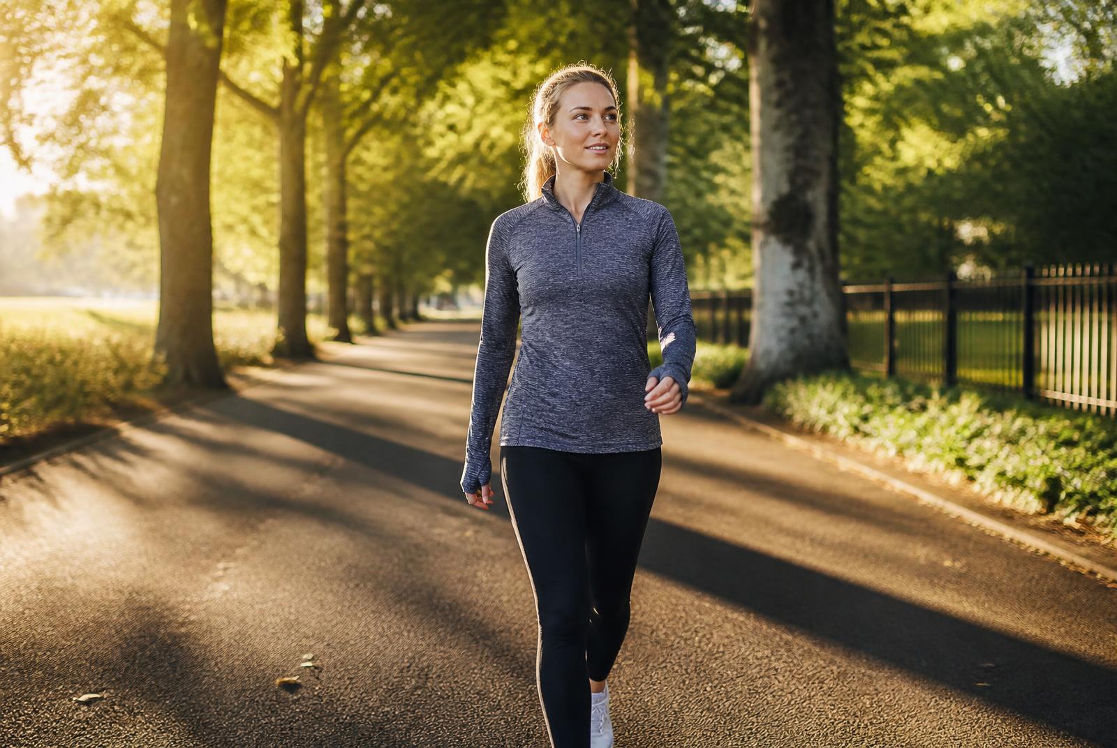 Person walking briskly along a tree-lined path in the morning sun