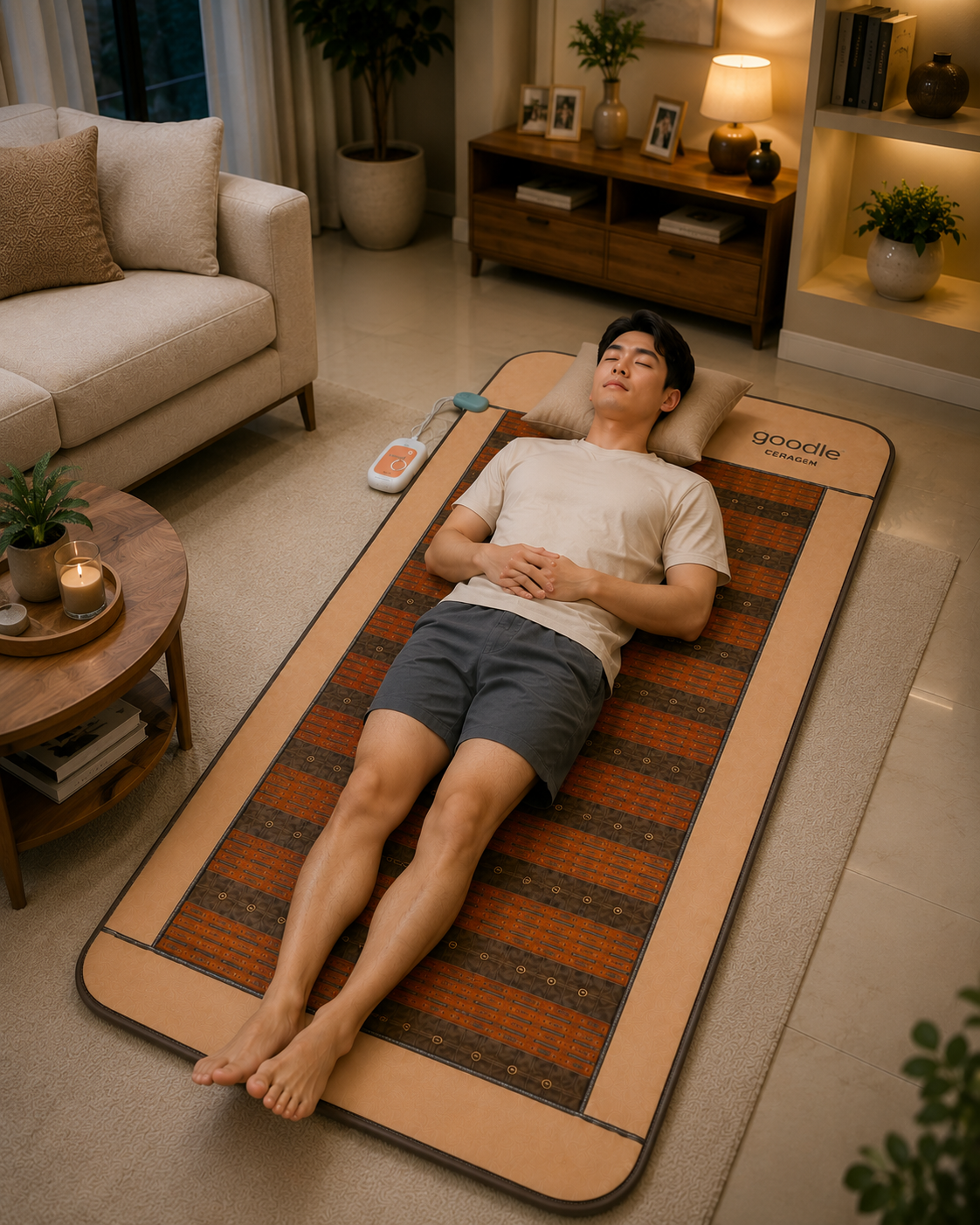 Man relaxing on CERAGEM Goodle Mat in the bedroom