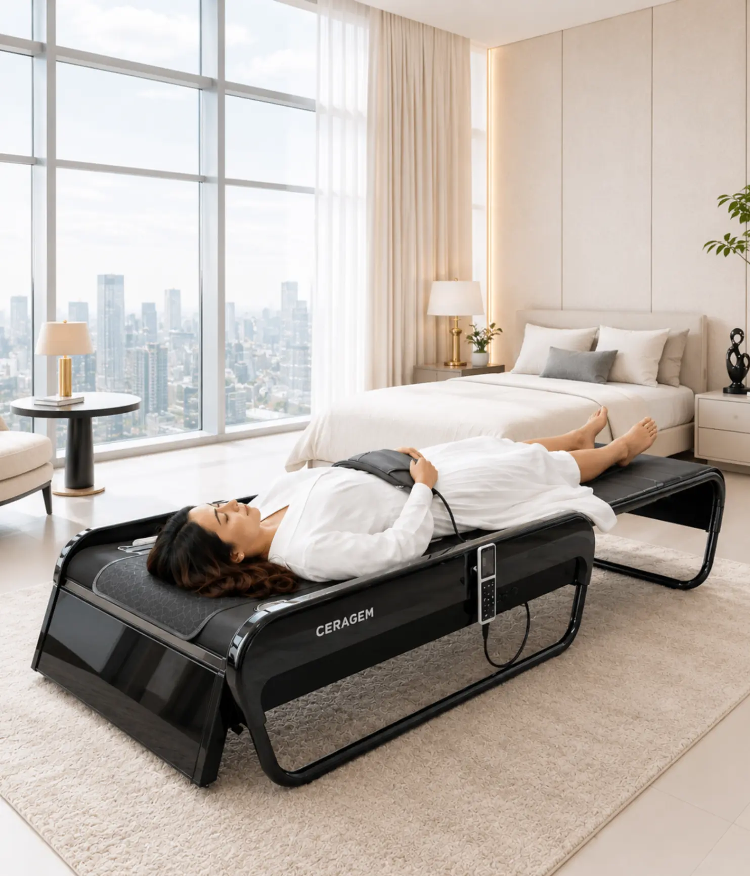 Woman deeply relaxed on the CERAGEM Master V4 thermal massage bed at home
