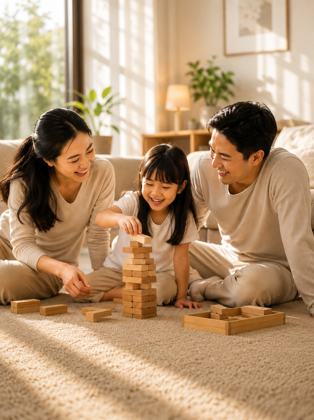 Family playing together on the living room floor
