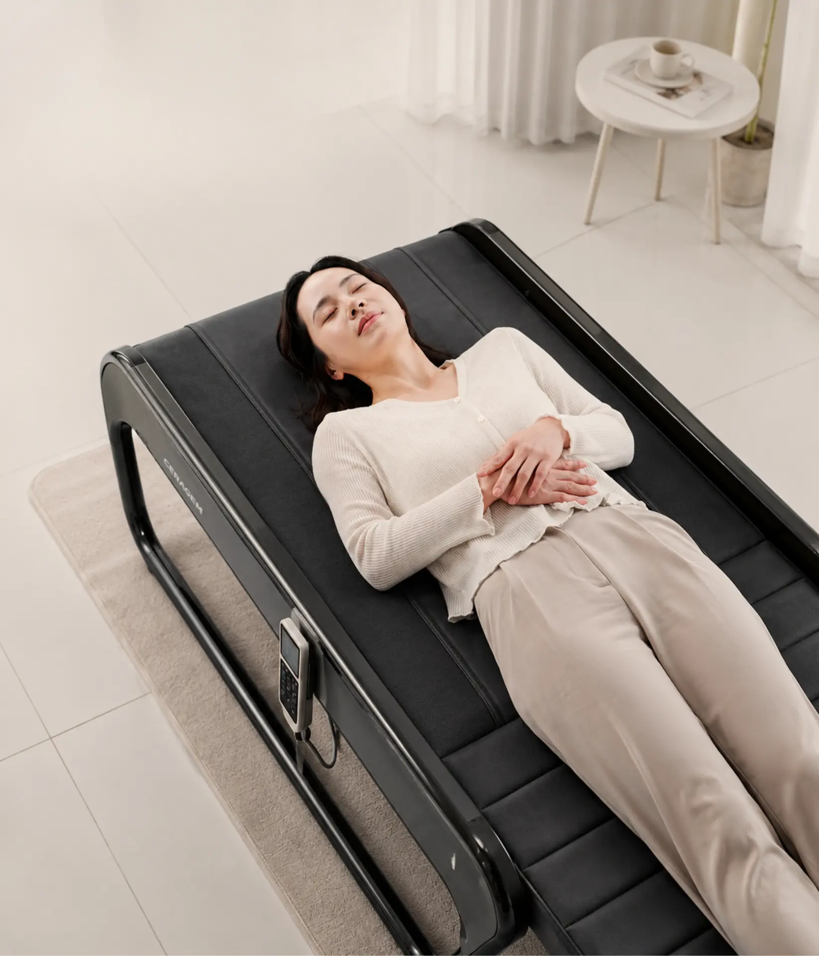 Daily CERAGEM Master V4 thermal massage session in a bright home setting