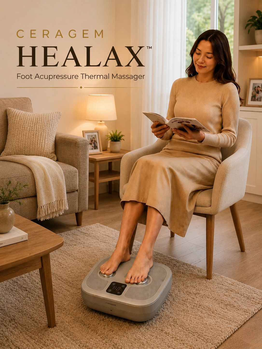 Woman relaxing with the CERAGEM Healax foot massager