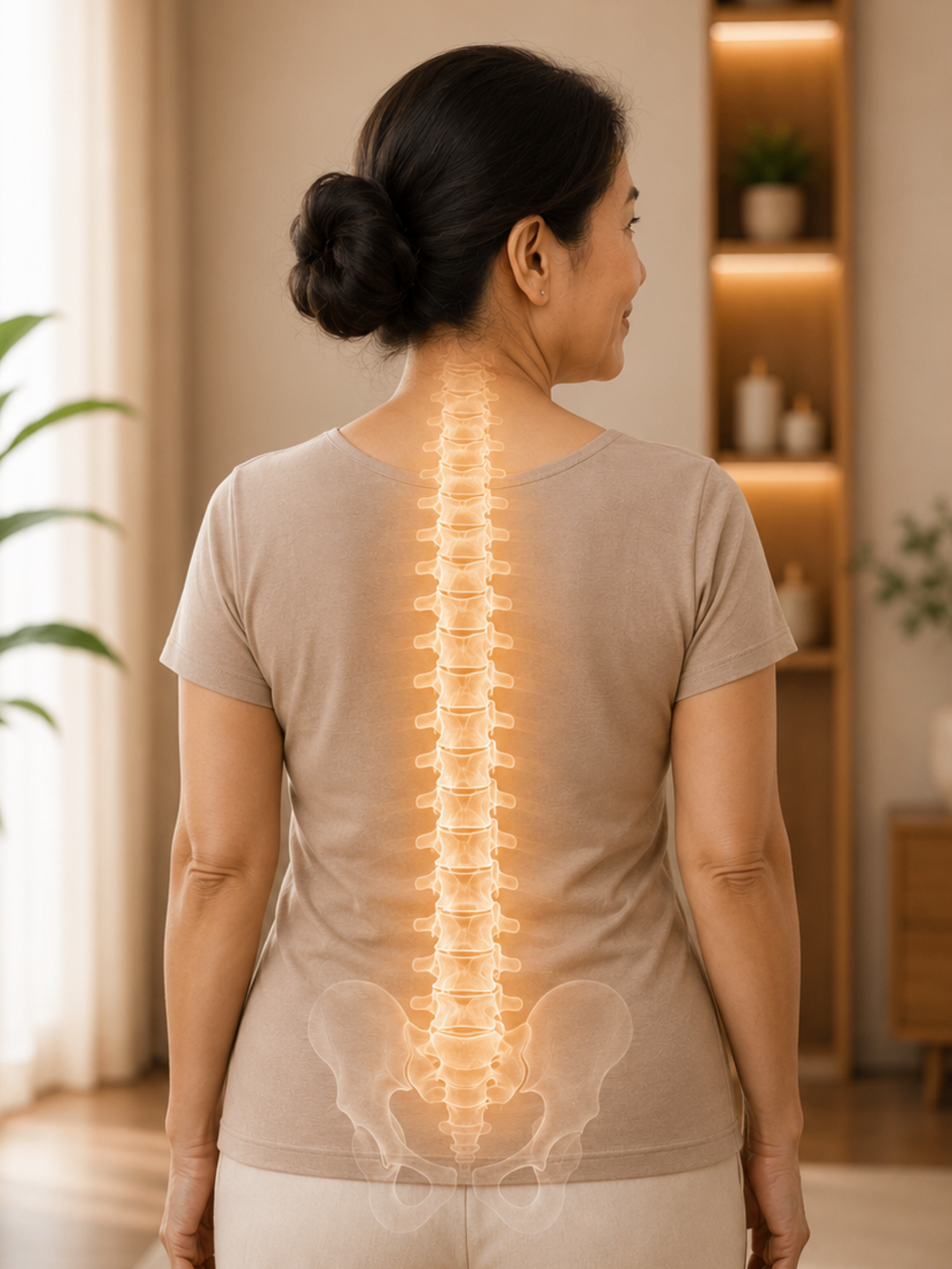 Illustration of spinal health highlighted on a woman's back