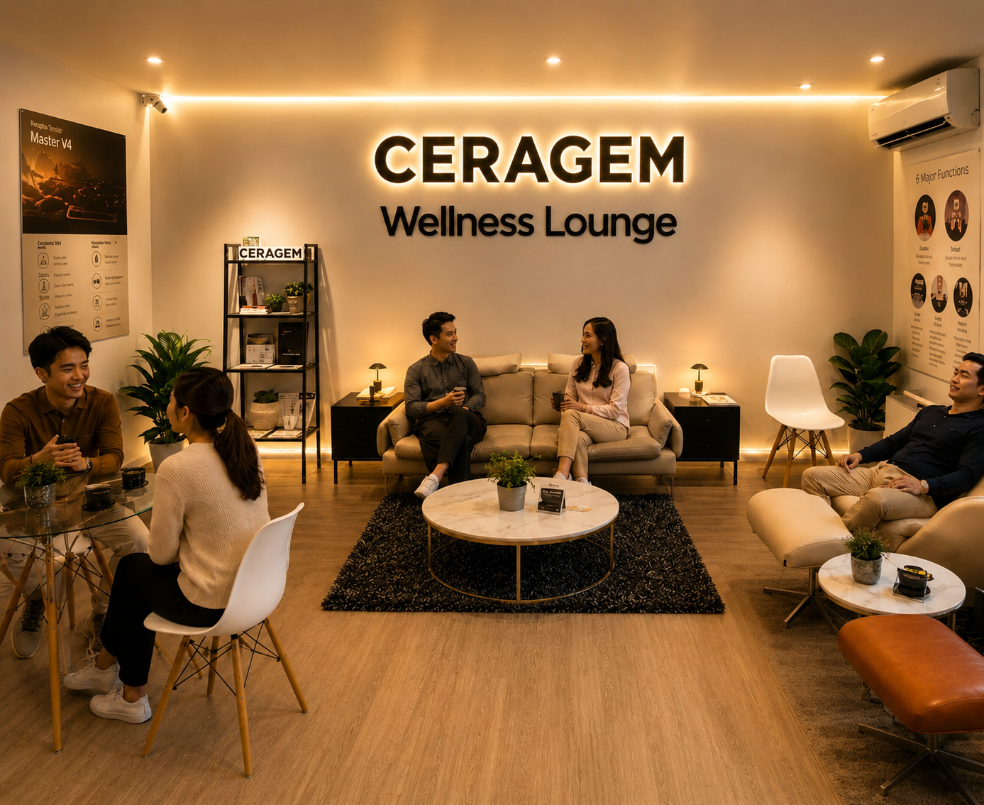 Guests relaxing in the CERAGEM Shaw Wellness Lounge social area