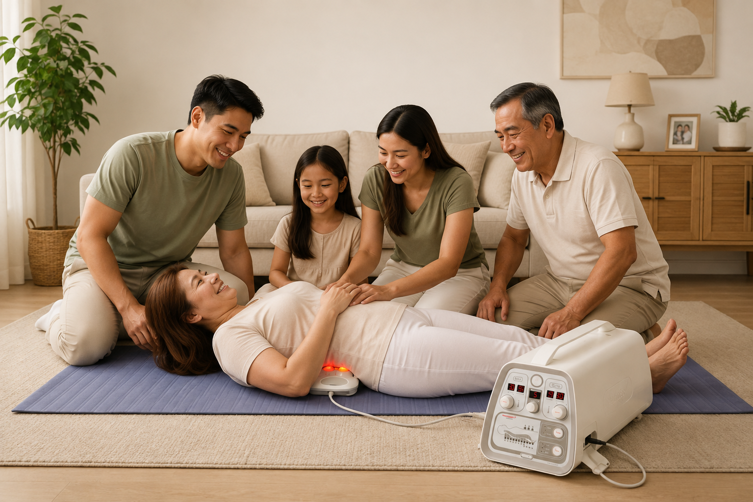 A Filipino family gathered around the CERAGEM Compact P590 at home