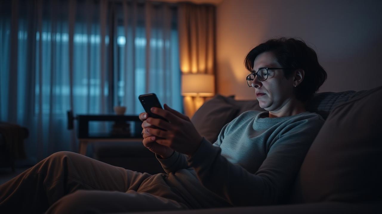 Person scrolling a phone on the sofa at night, still looking unrested