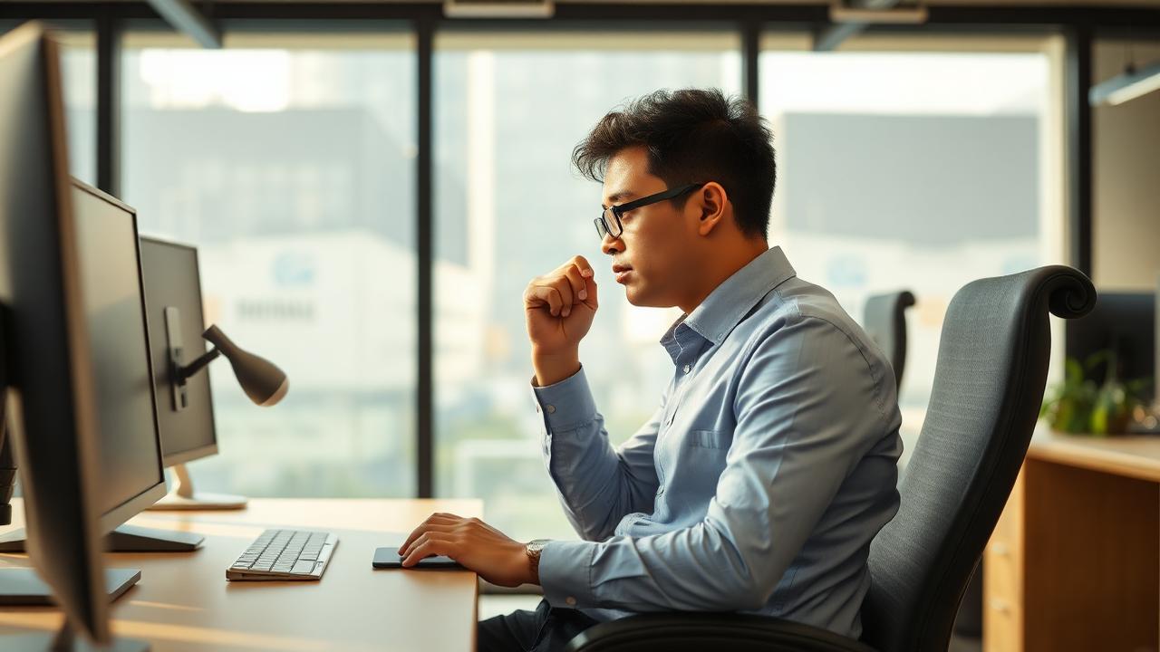 Office worker seated for long hours at a desk with a slouched posture