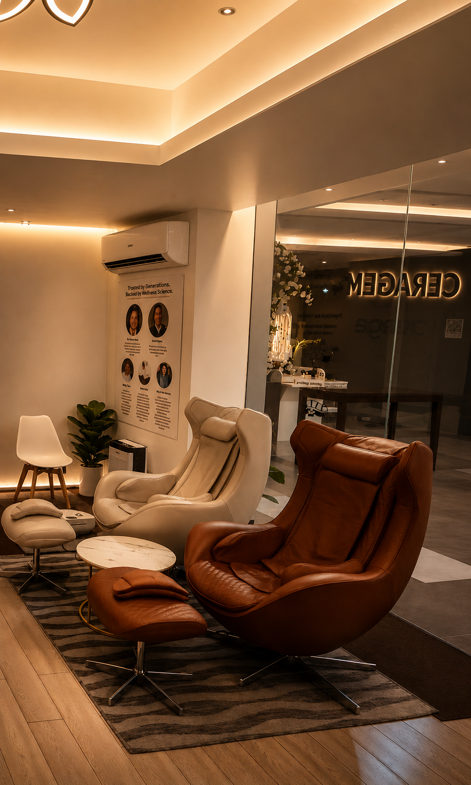 CERAGEM Shaw lounge with premium leather chairs under warm ambient lighting