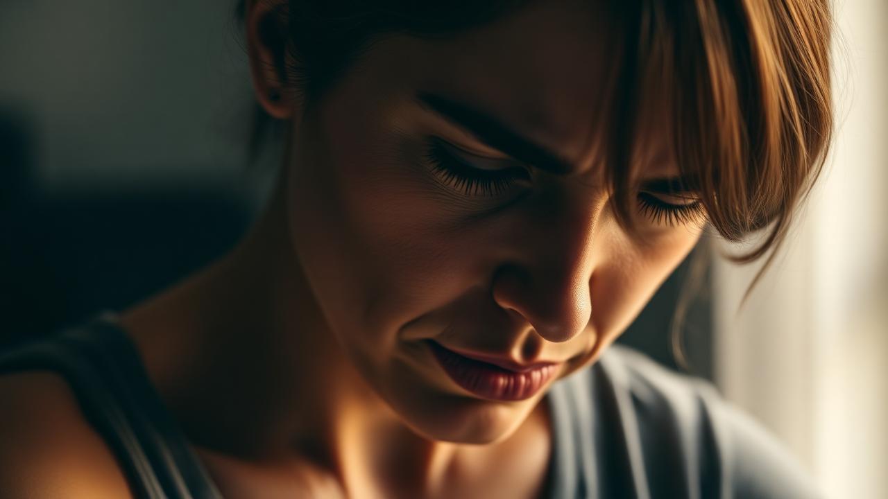 Close-up of a woman with tense shoulders and a furrowed brow