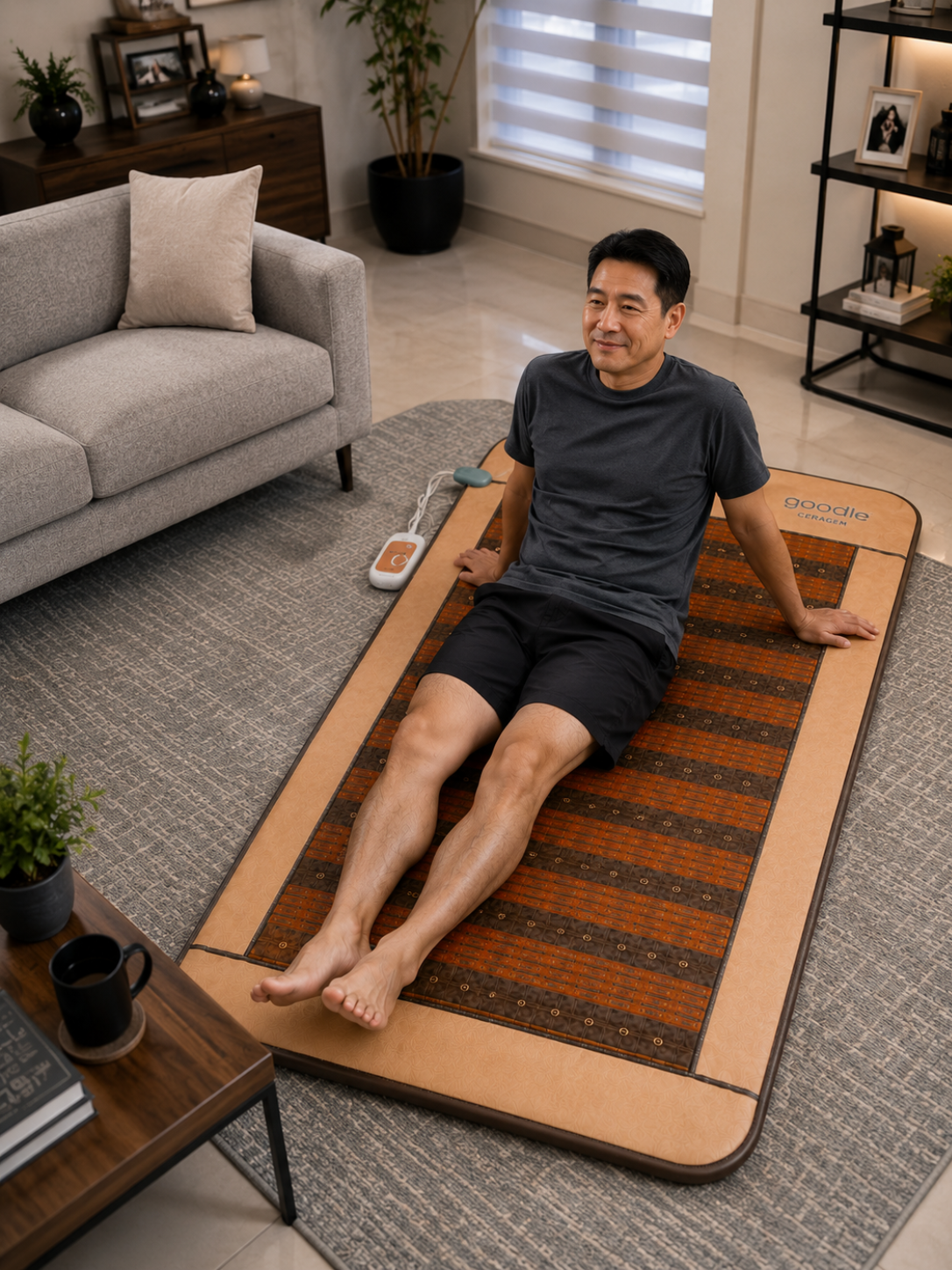 Man sitting on the CERAGEM Goodle Mat in a living room