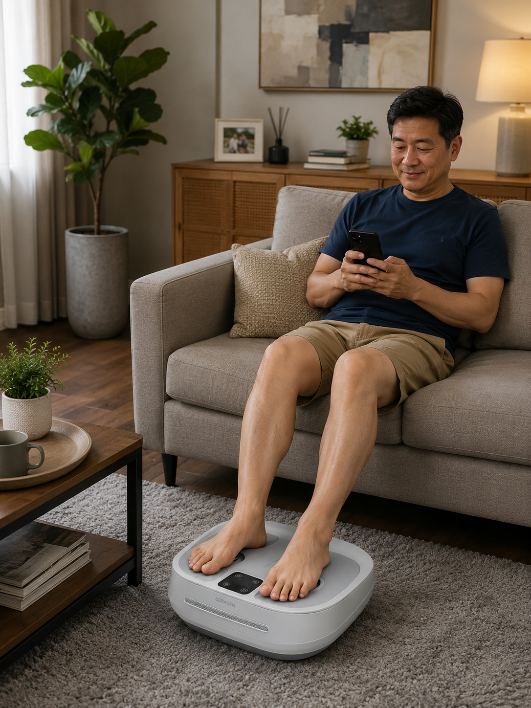 Man unwinding with the CERAGEM Healax foot massager at home