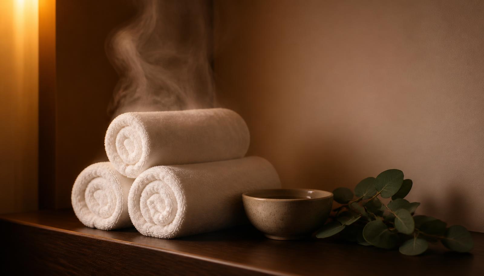 Warm towels and steam preparing muscles before stretching in a spa