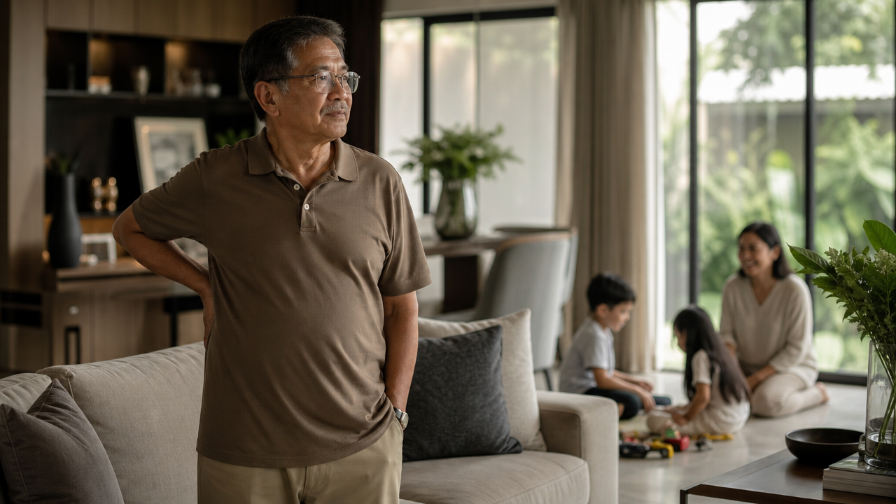An older man pauses at home while his family plays together nearby, illustrating the quiet cost of lost mobility