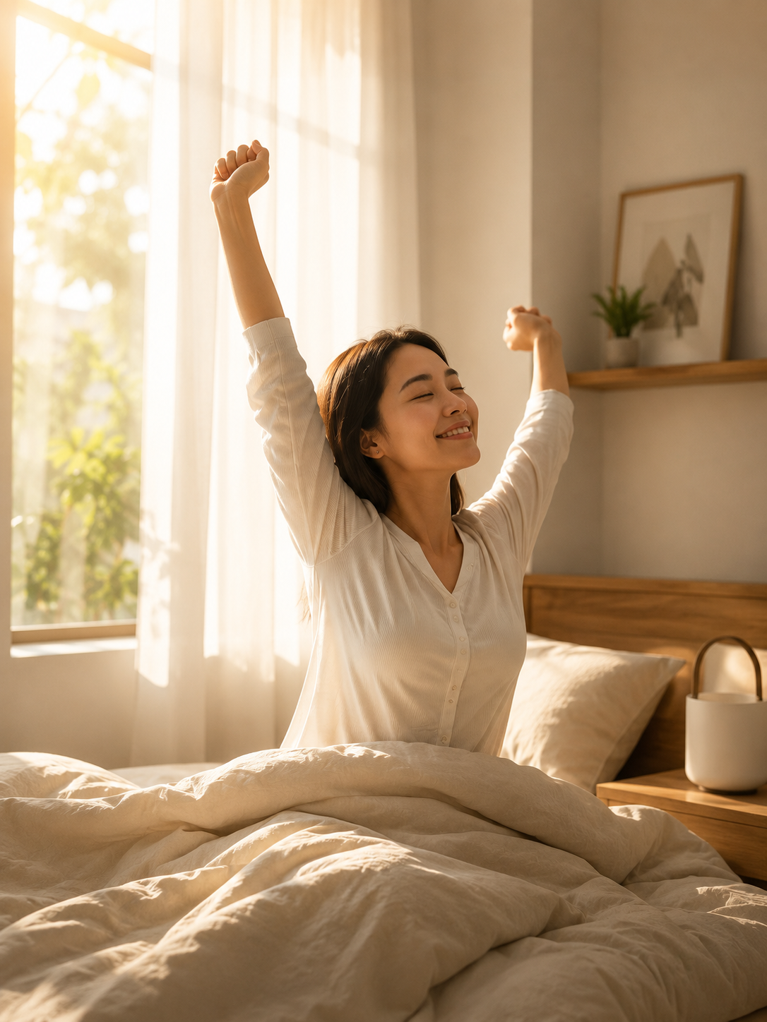 Woman waking with a stretch in warm morning light