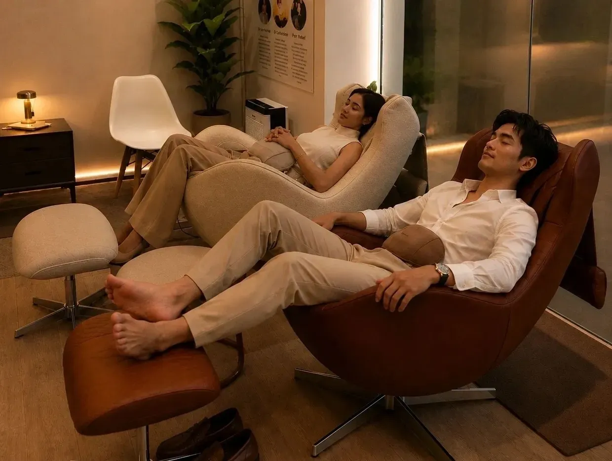 Couple unwinding side-by-side on Pause M4 chairs