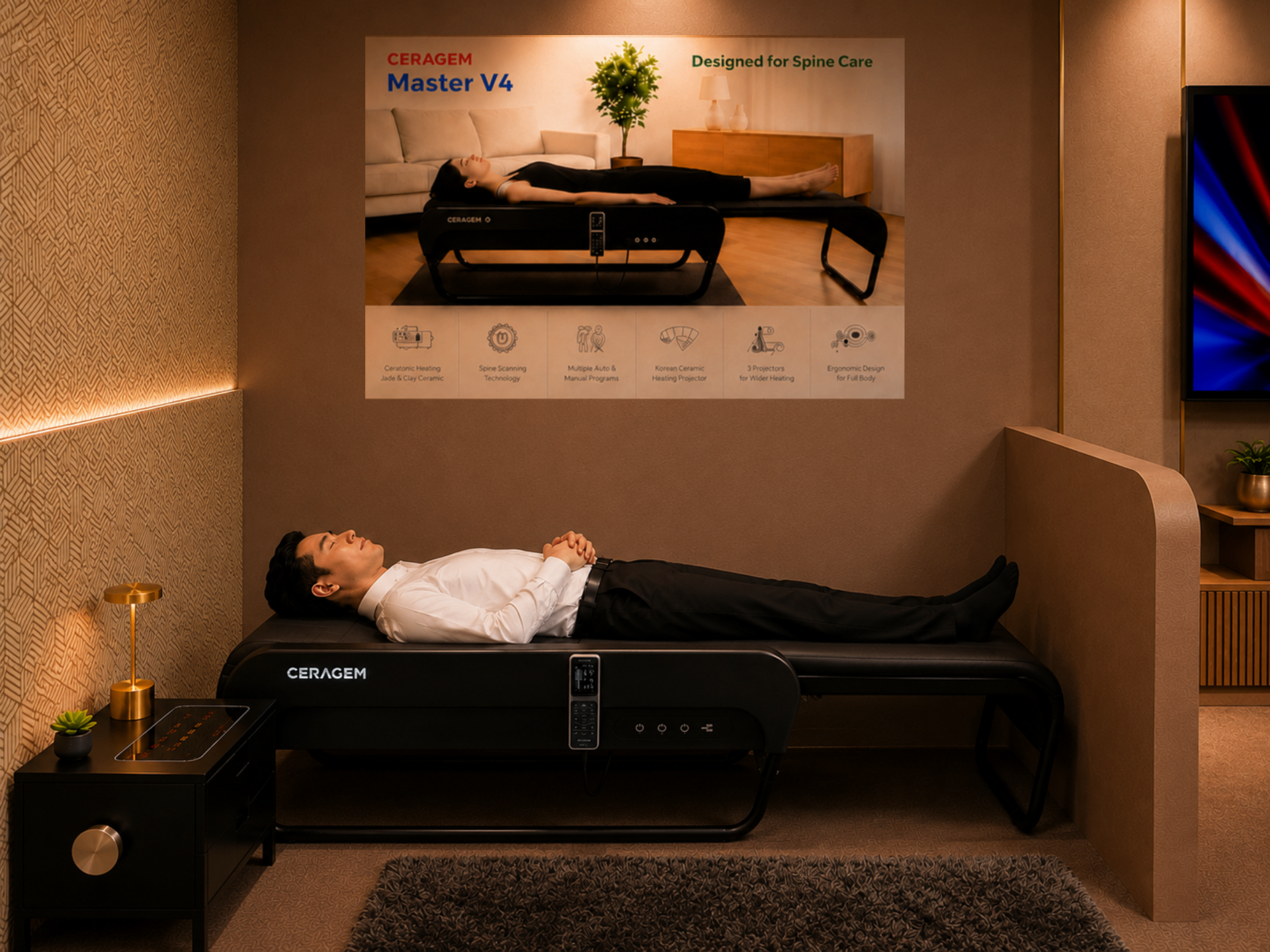 Premium CERAGEM Shaw Wellness Lounge client enjoying Master V4