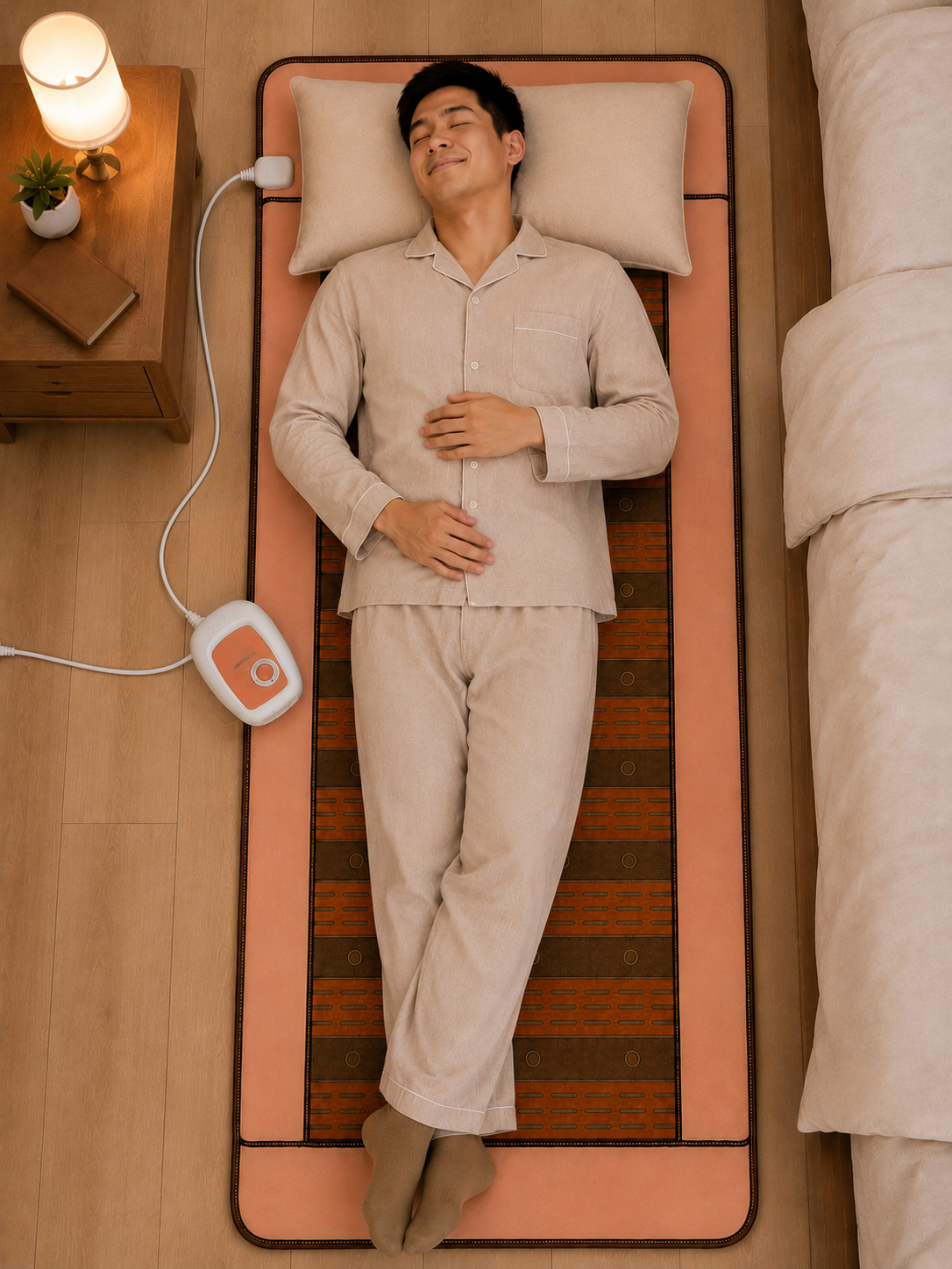 Man resting on the CERAGEM Goodle Mat beside a bed