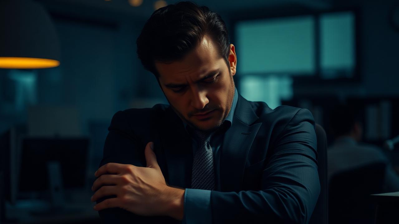 Tired professional holding a sore shoulder late at night in the office