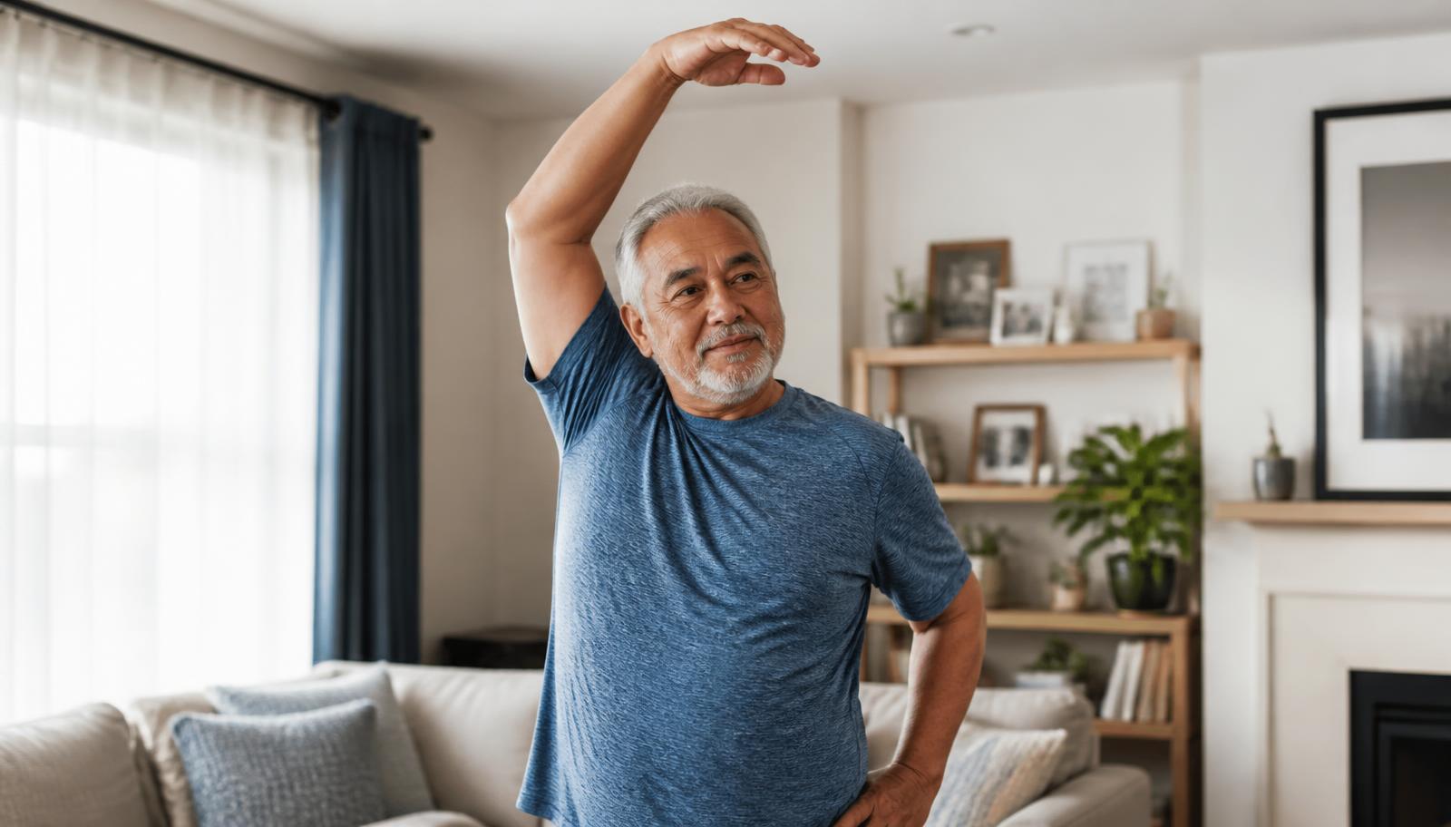 Older adult reaching overhead, showing a limited range of motion
