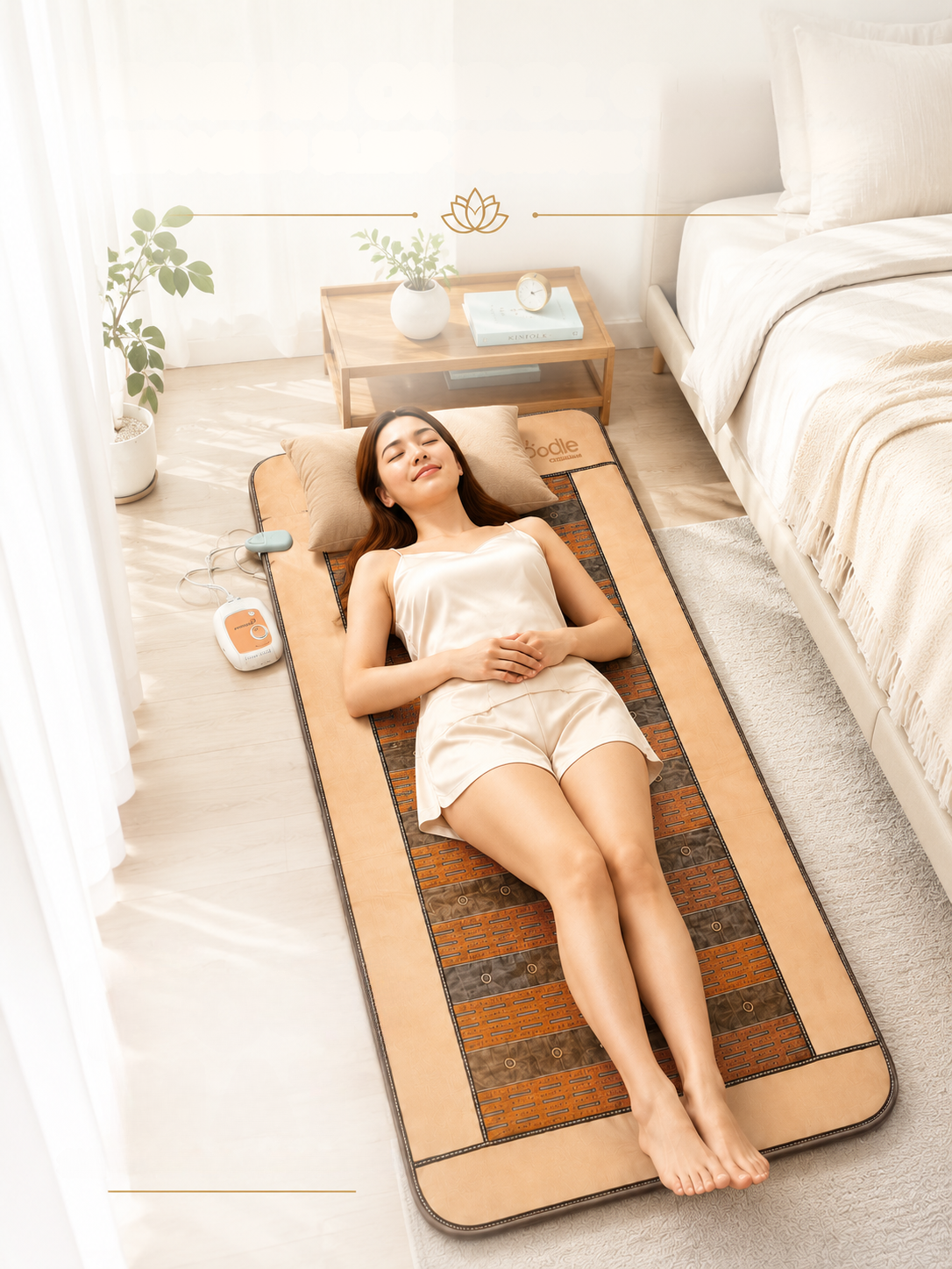 Woman resting on the CERAGEM Goodle Mat at home