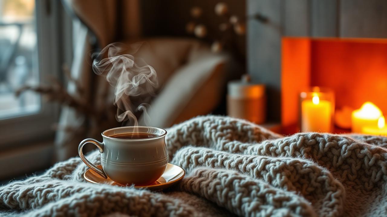 Steaming cup of tea on a knitted blanket beside warm candlelight