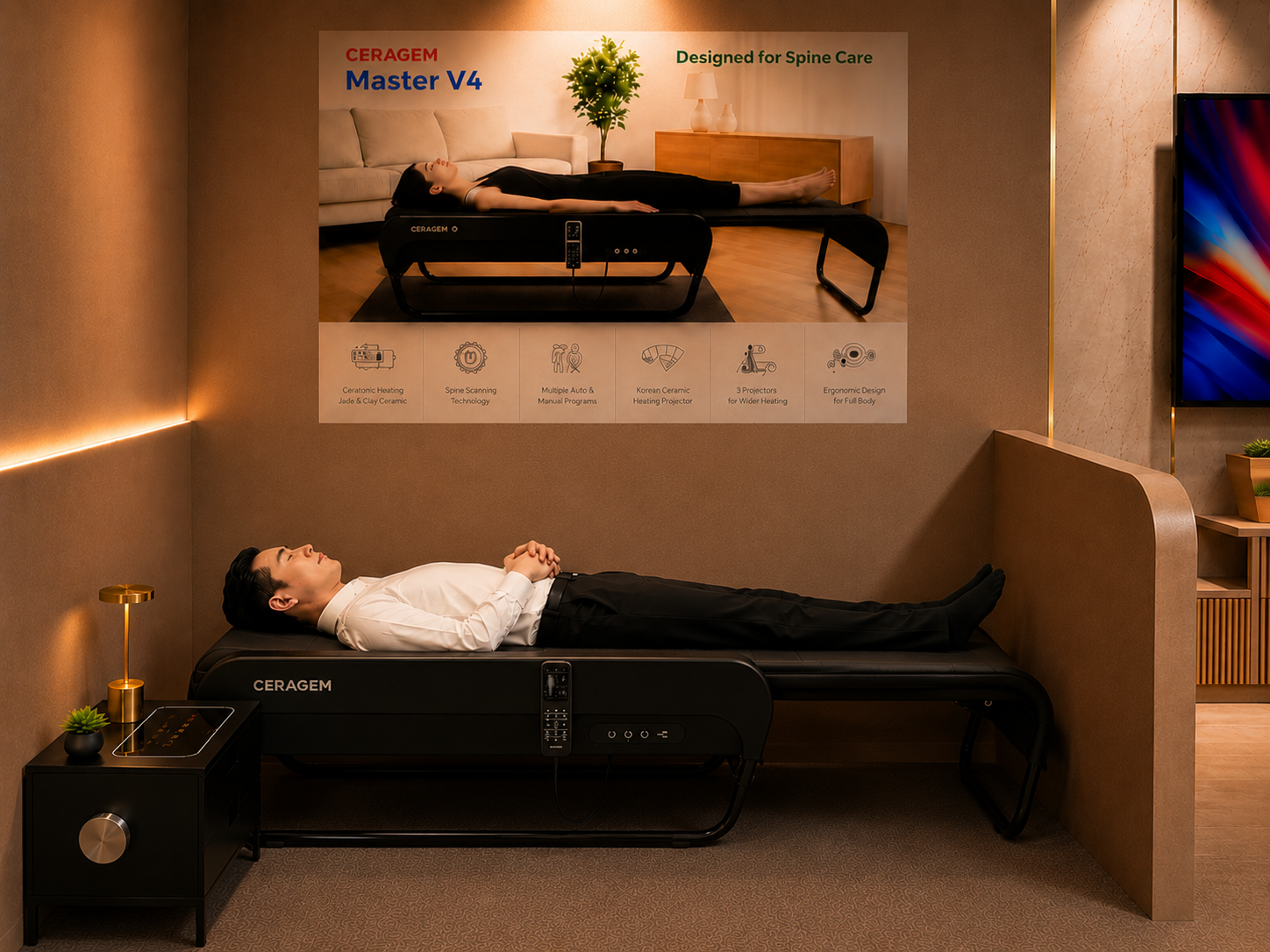 A professional reclining on a CERAGEM Master V4 in a private wellness room