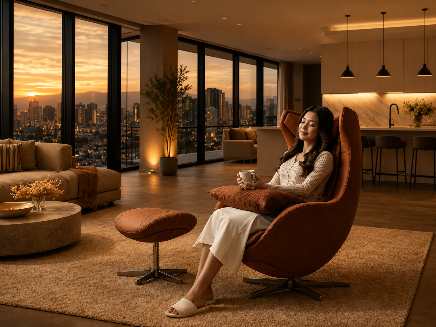 Woman relaxing on Pause M4 in a modern living room at sunset