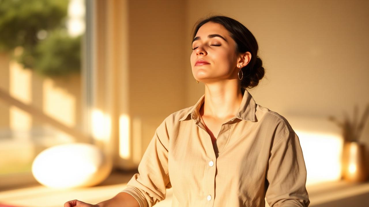 Woman in a linen shirt breathing slowly with her eyes closed