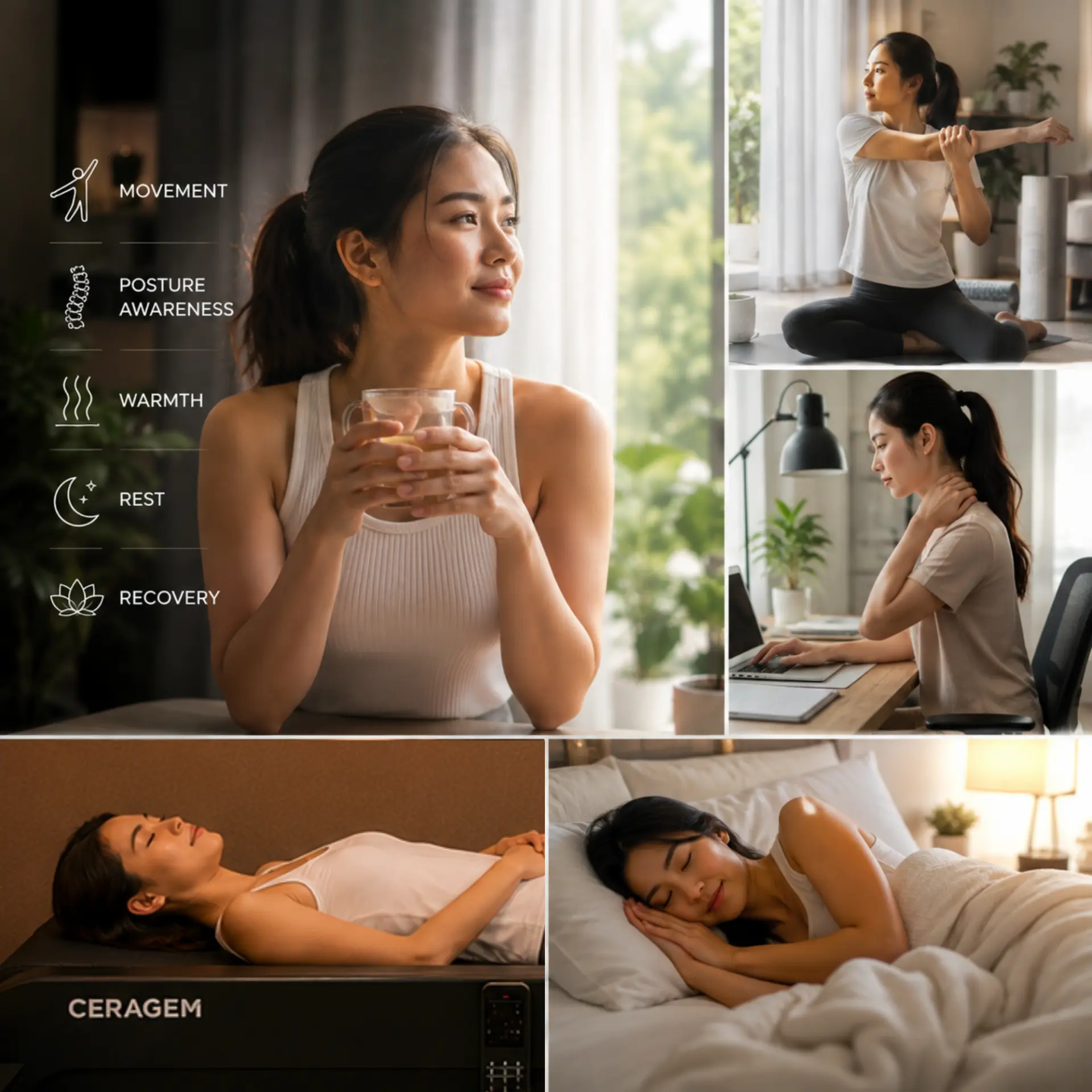 Everyday wellness practice — movement, posture awareness, warmth, rest and recovery