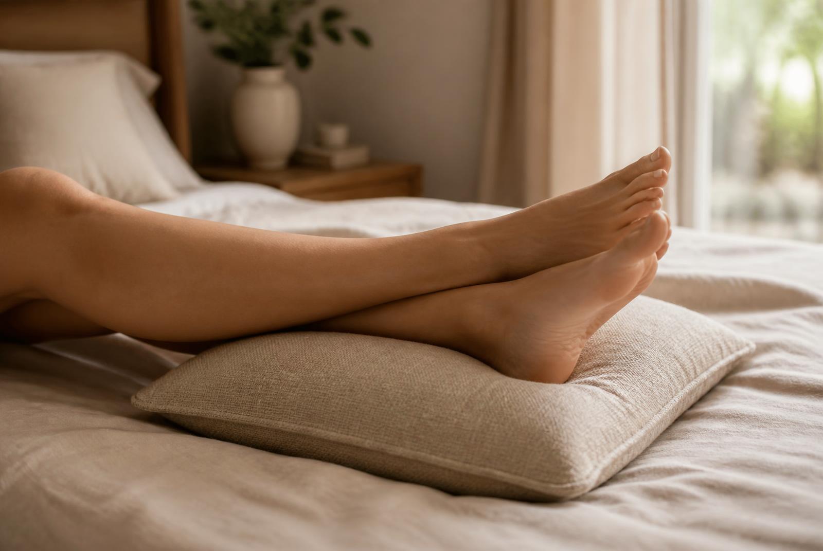 Relaxed legs and feet resting elevated on cushions in warm morning light