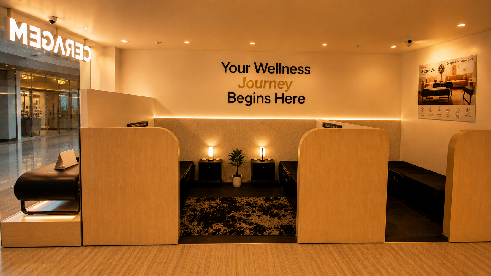 The CERAGEM Shaw Wellness Lounge interior with private suites and the 'Your Wellness Journey Begins Here' wall