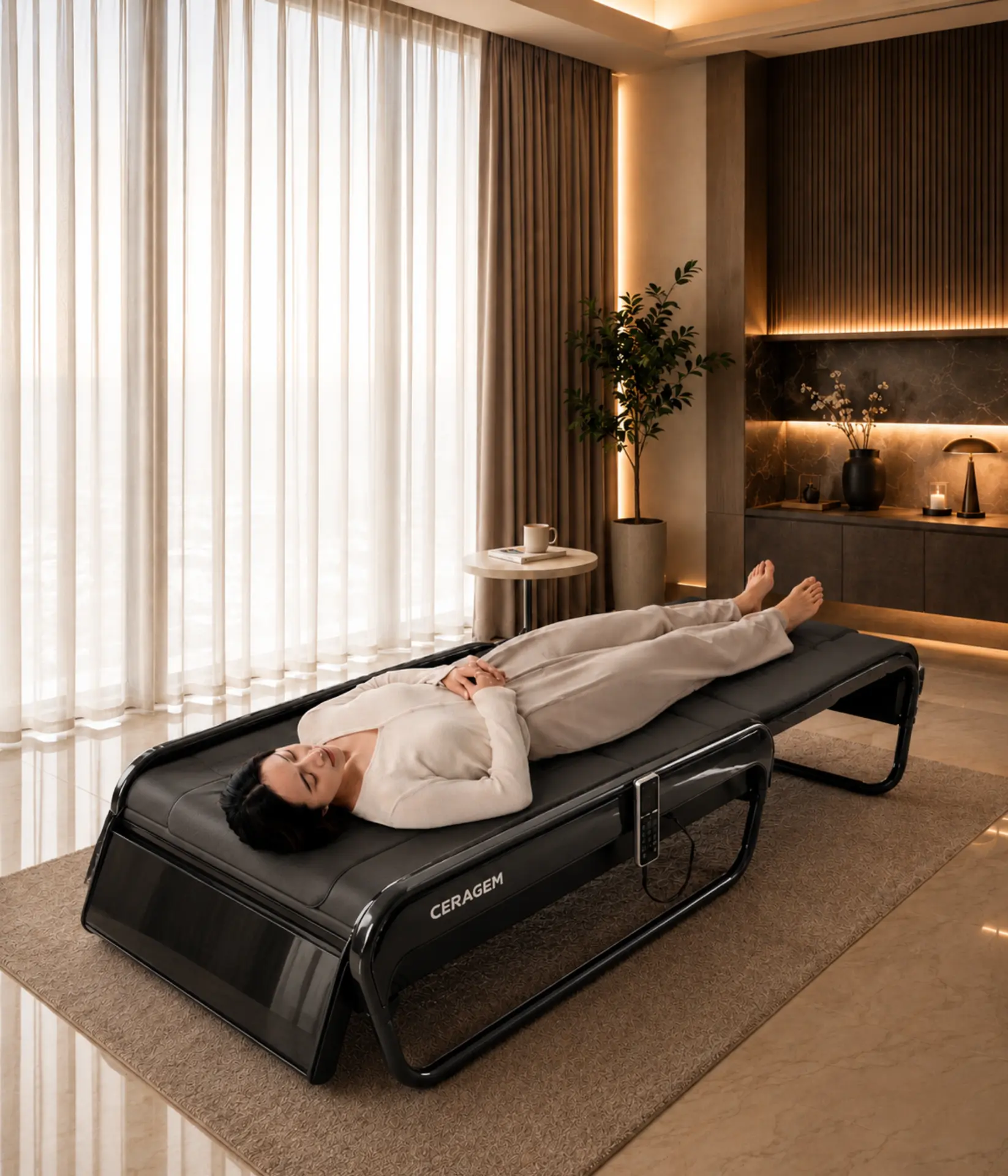 Guided CERAGEM Master V4 thermal massage session in a warmly lit wellness space