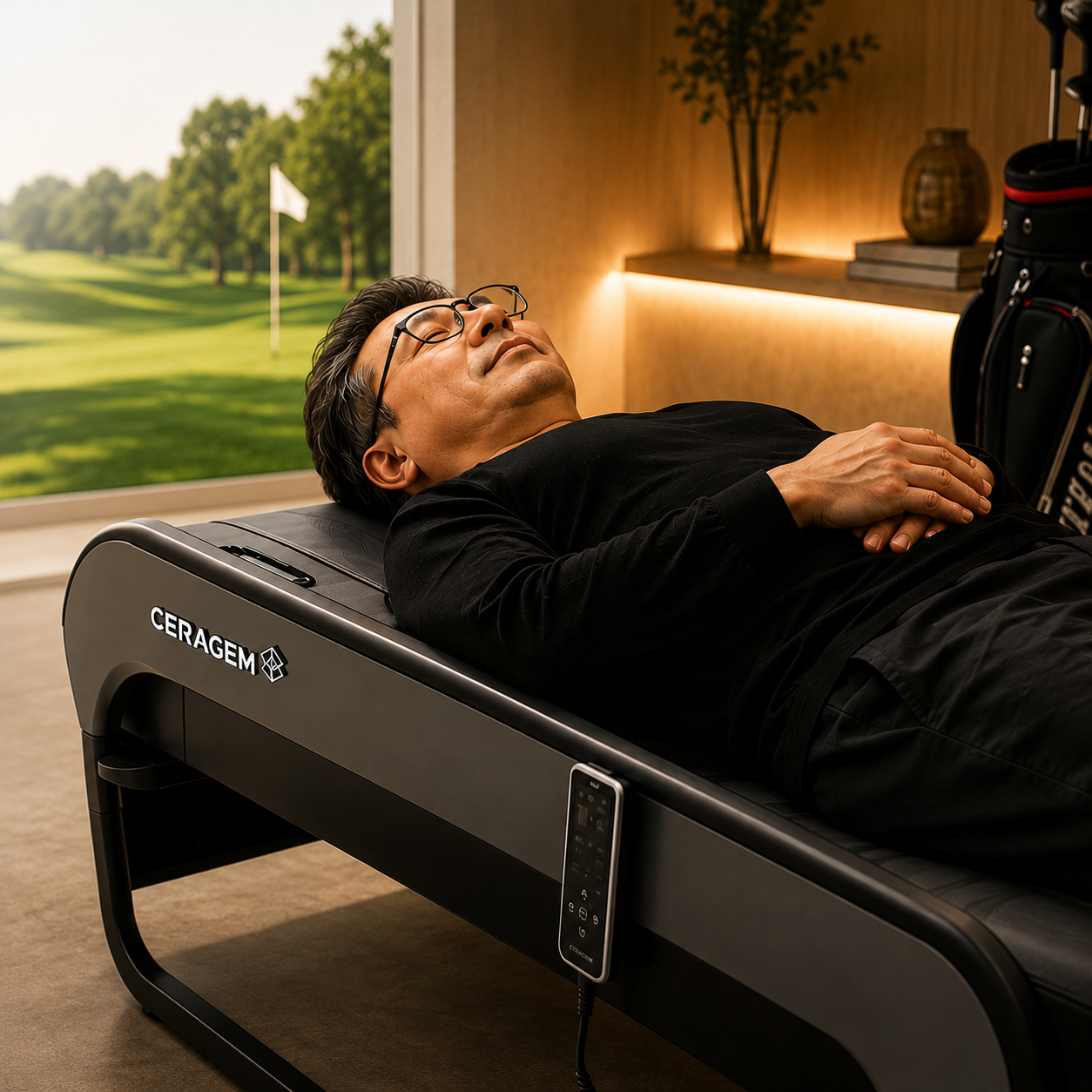 A golfer resting on a CERAGEM device beside a fairway view