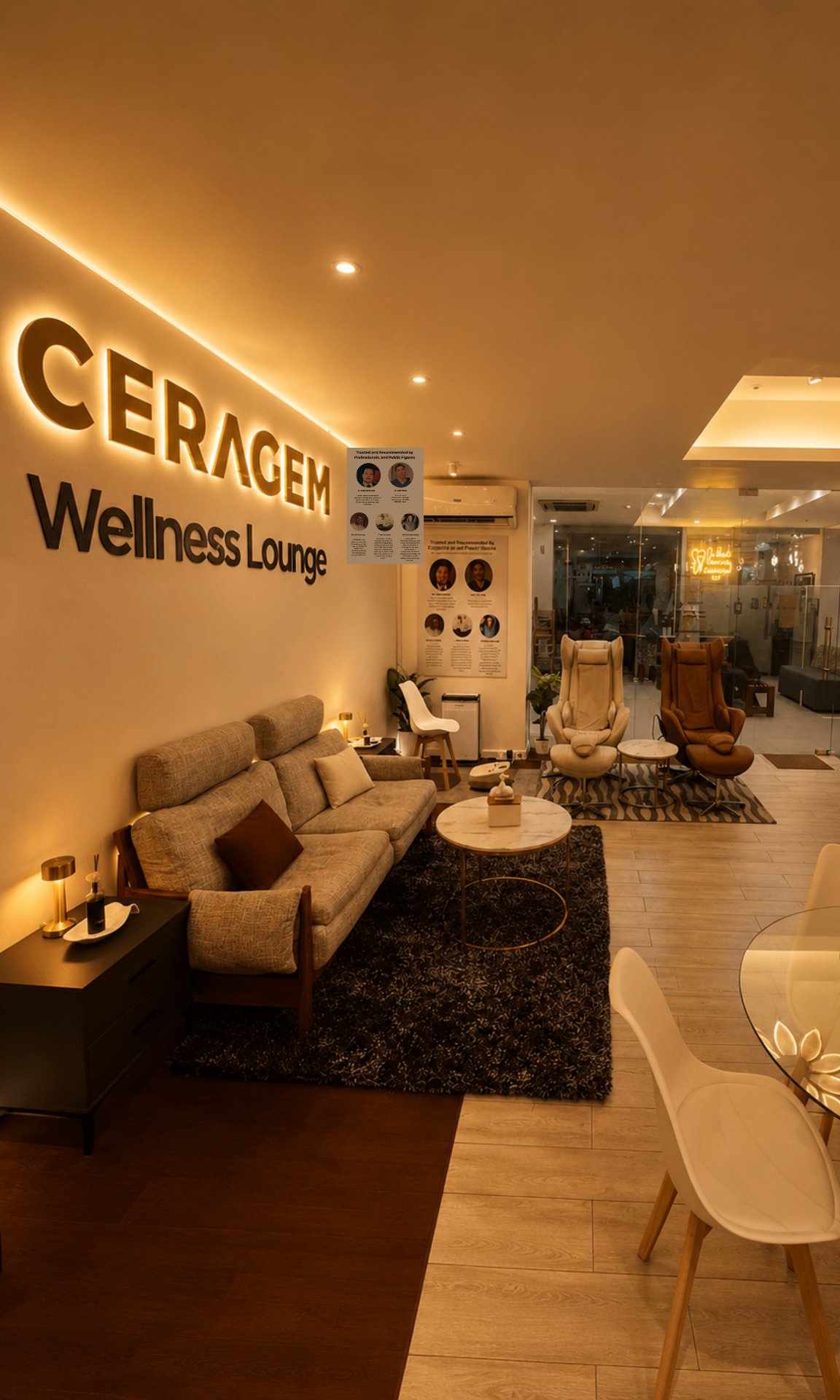 Recliner zone beside the CERAGEM Wellness Lounge signage