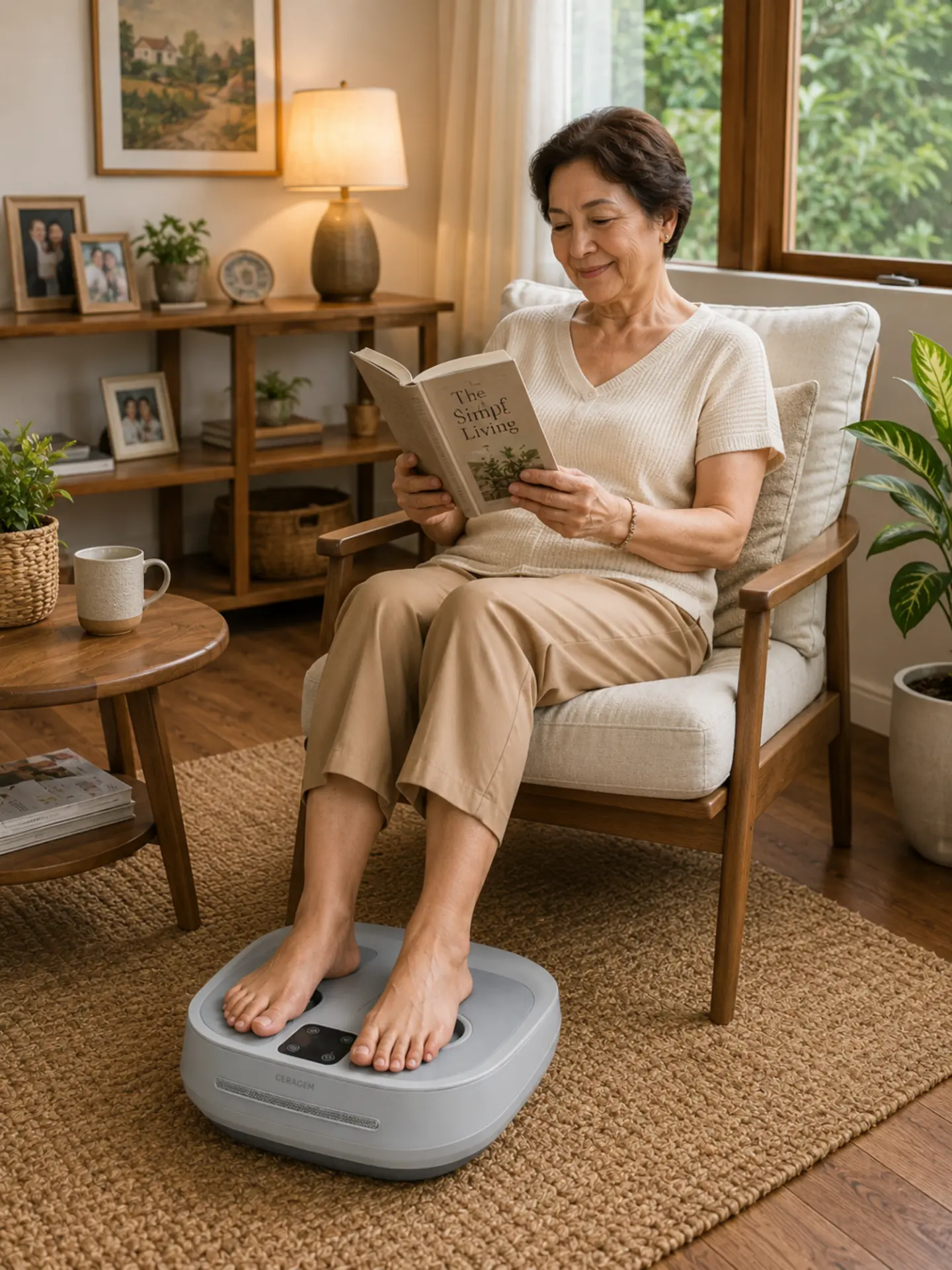 Woman relaxing at home using the CERAGEM Healax foot massager