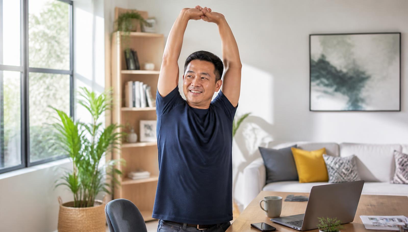 Man stretching at home in the morning, looking refreshed and energised