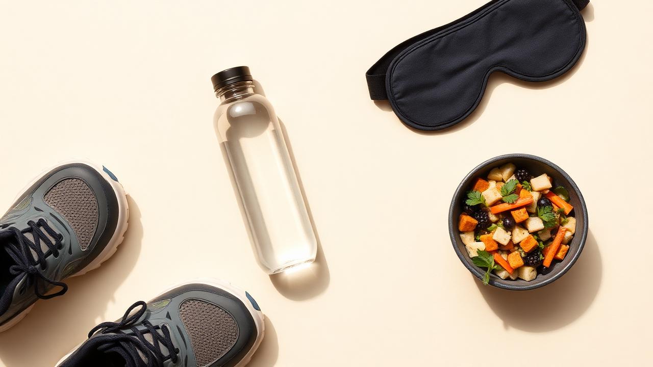 Flat lay of walking shoes, water bottle, sleep mask and a healthy meal bowl