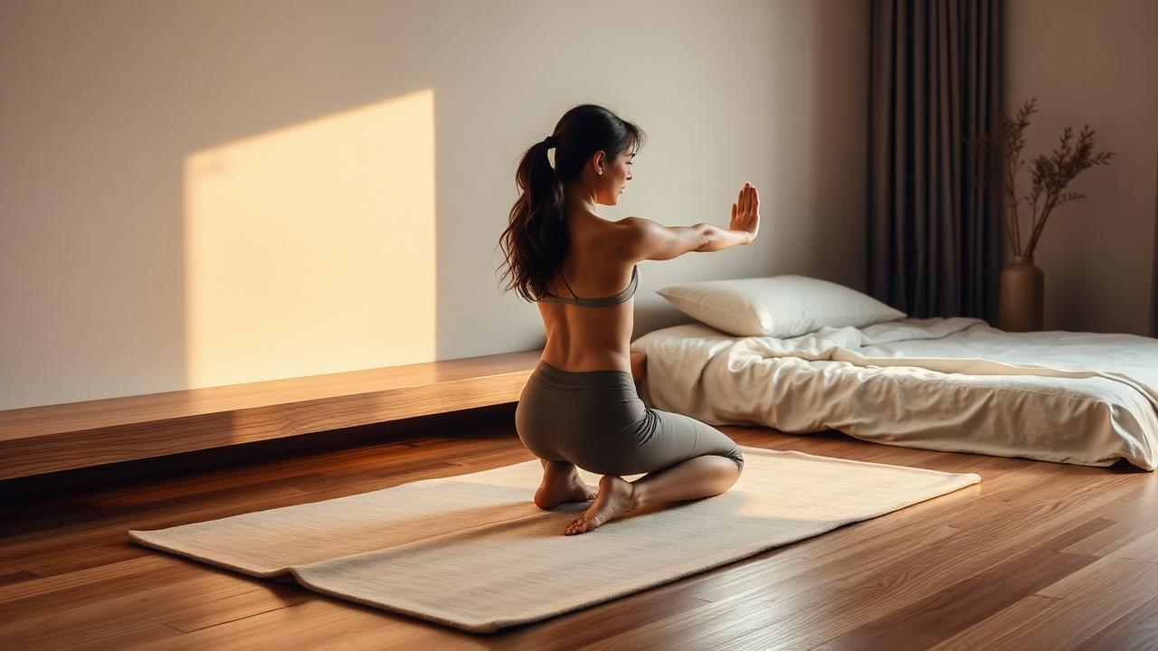A person stretching slowly on a linen mat beside a low bed in warm evening light