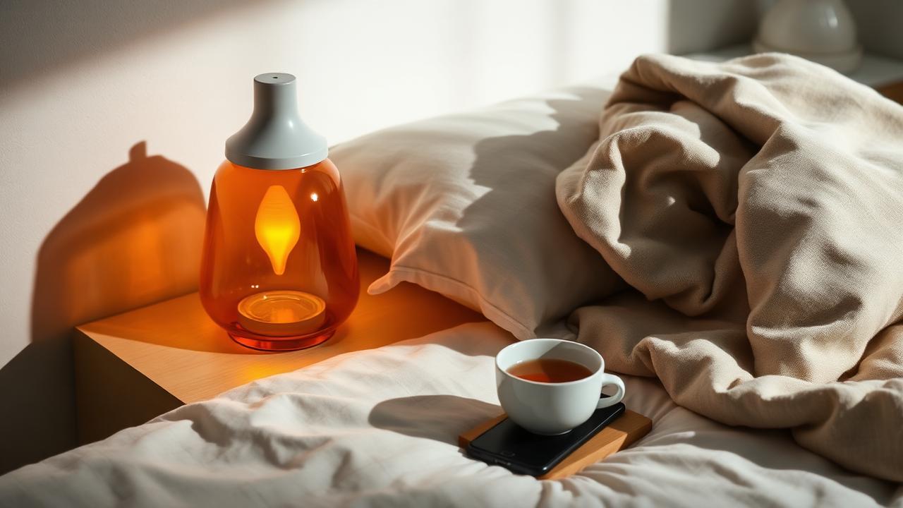 A bedside table with a warm lamp, folded linen throw, tea and a phone placed face down
