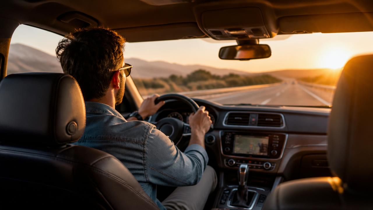 Driver's view of a long highway journey at golden hour