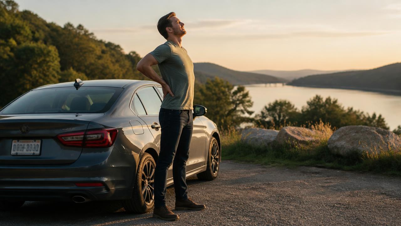 A man stretching his lower back beside his parked car at a roadside stop