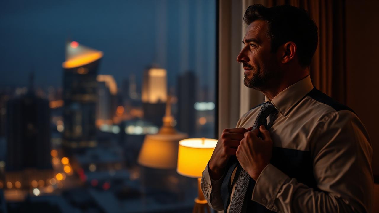 An executive unwinding in a hotel room after a long day of travel
