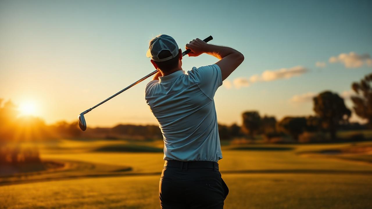 A golfer mid swing on a fairway at golden hour