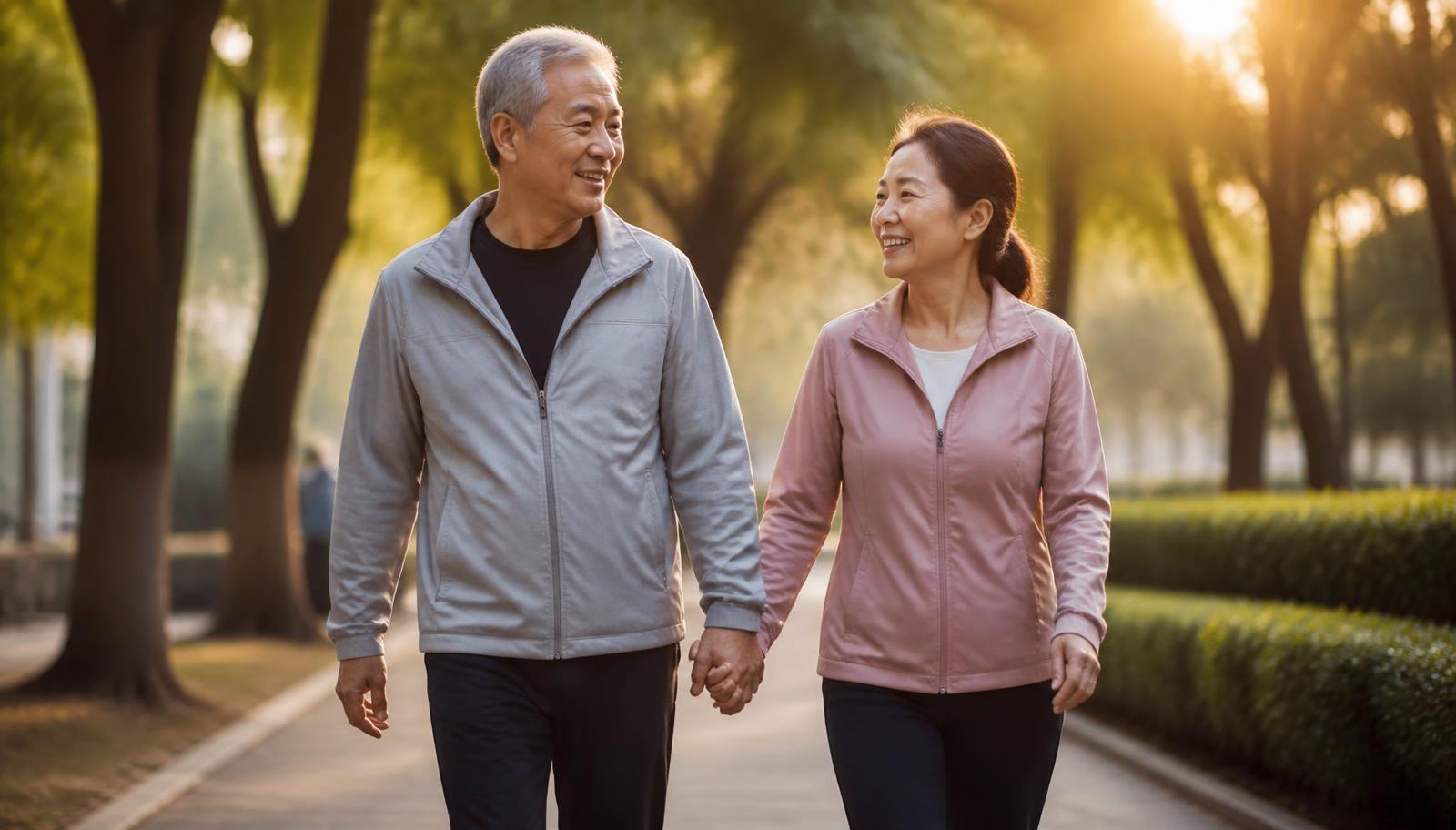 An active older couple walking together in a sunlit park