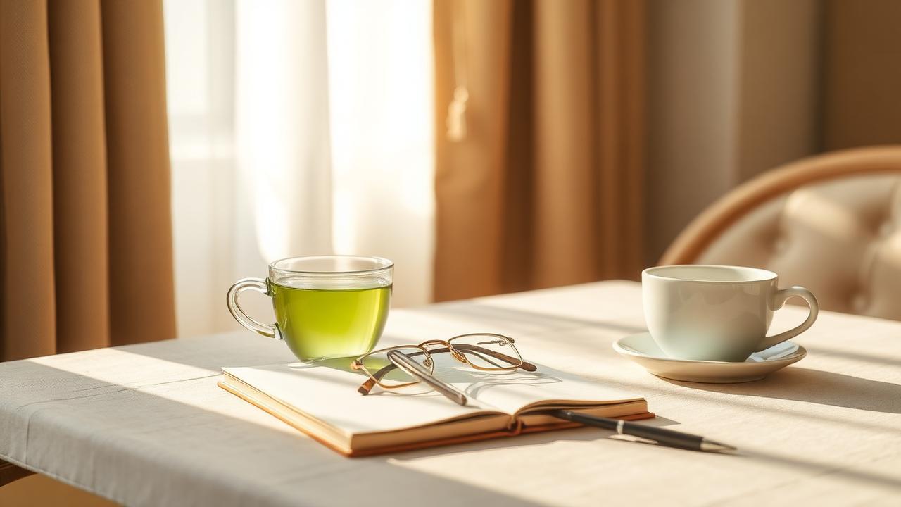 A quiet morning table with tea, glasses and an open notebook