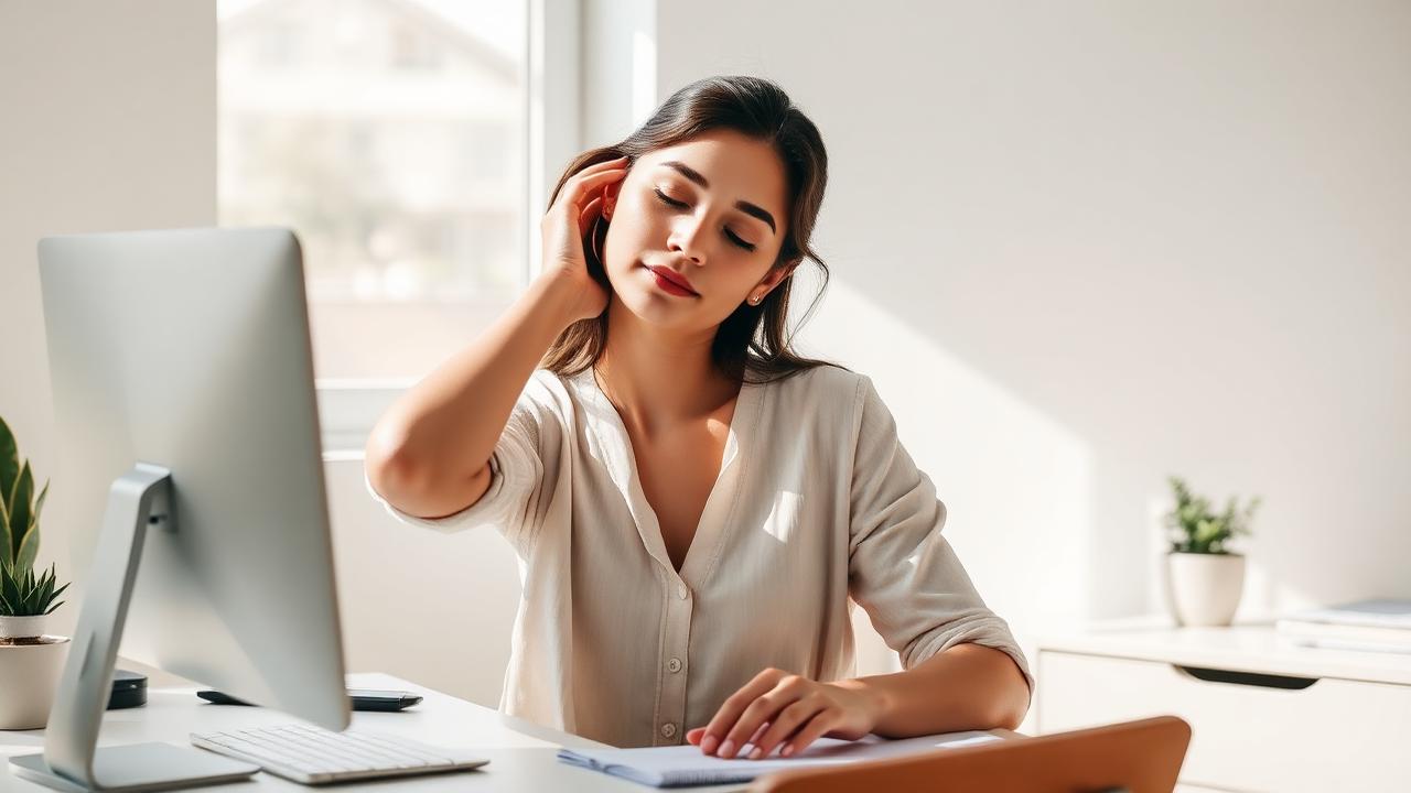 A woman gently tilting her head to ease neck stiffness at her desk